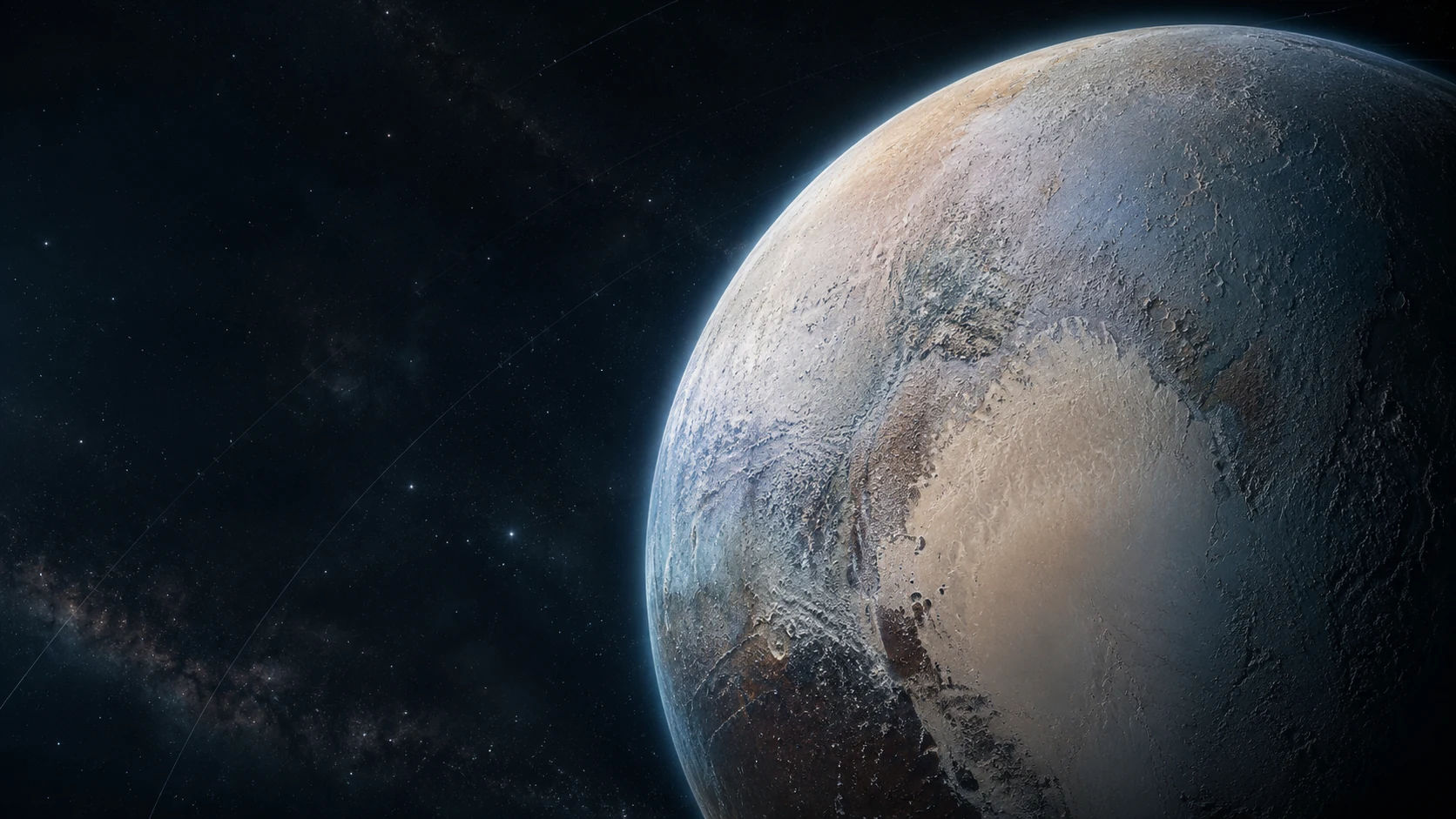 原创生成的冥王星视觉,浅褐色冰质表面和暗色斑块